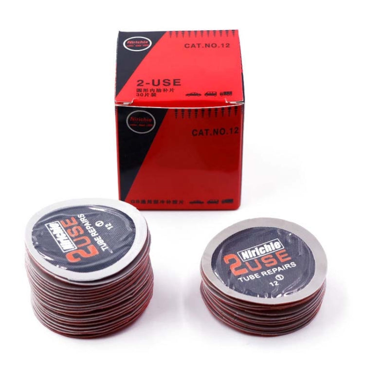 Box packaging with stacked round cold tire repair patches, 2-use discs