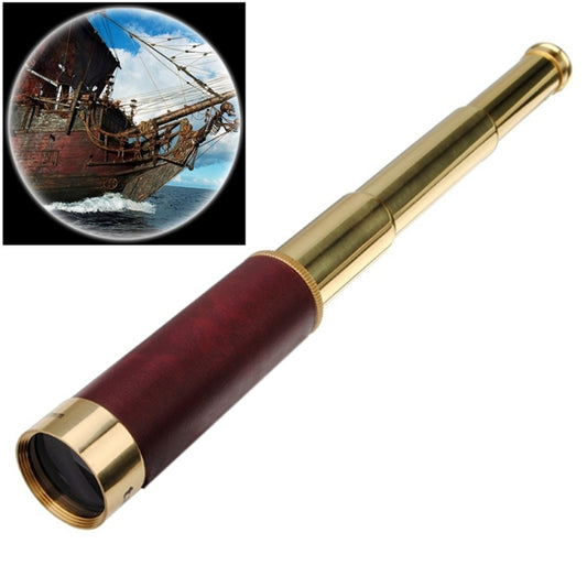 Pocket monocular telescope with dark maroon body and gold metal eyepiece