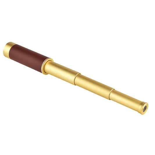 Pocket monocular telescope with dark maroon barrel and gold lens housing