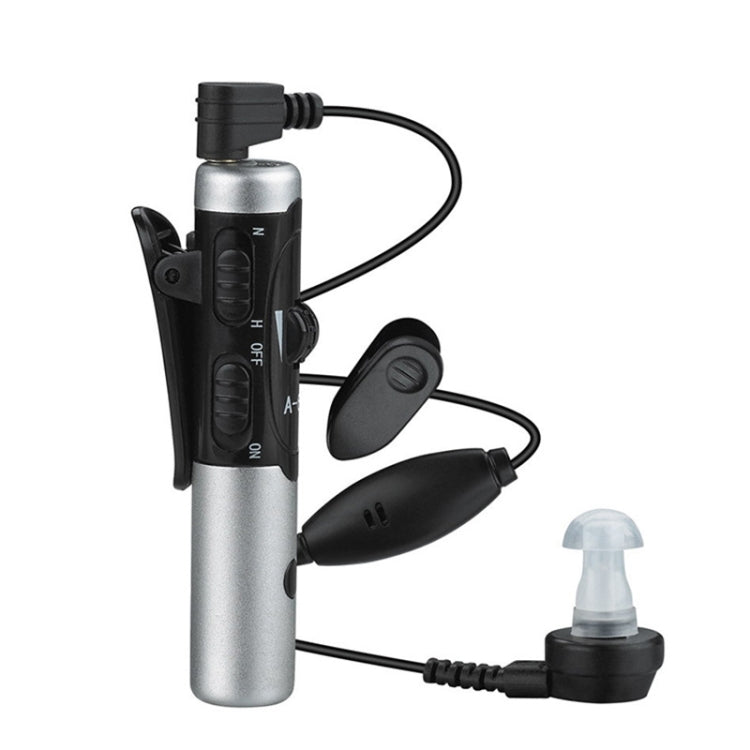 Silver and black USB rechargeable hearing aid amplifier with ear hook, wires, and controls
