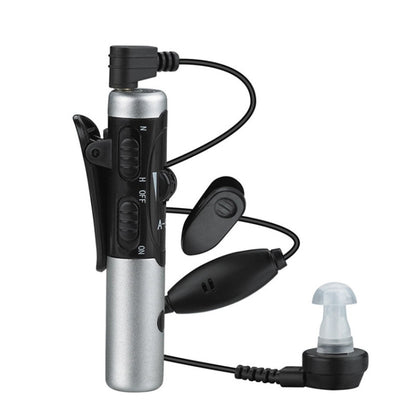 Silver and black USB rechargeable hearing aid amplifier with ear hook, wires, and controls