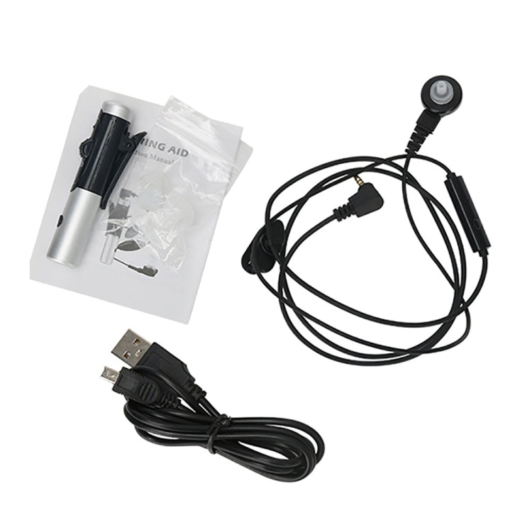 Hearing aid amplifier kit with USB cable, ear tips, and charging holder