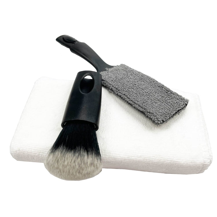Car tire cleaning brush set with two scrub brushes and microfiber pads