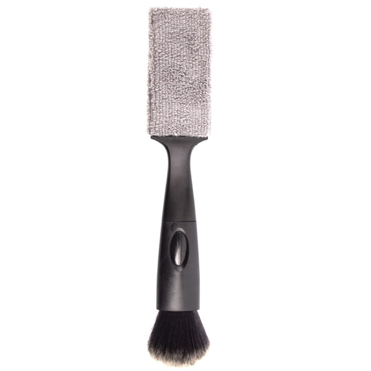 Detailing brush with gray scrubbing pad head and soft bristle brush