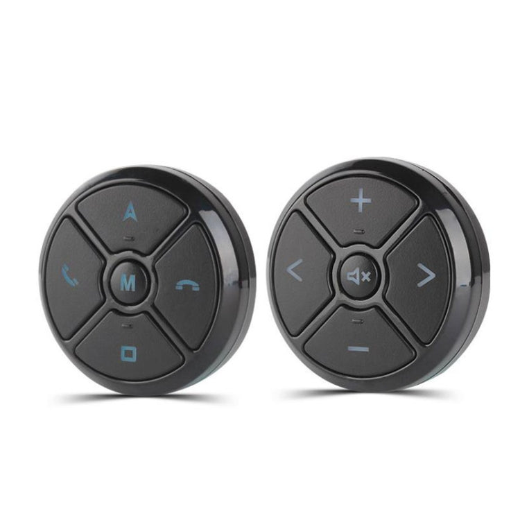 Black round steering wheel remote with blue call, menu (M), and volume +/- buttons