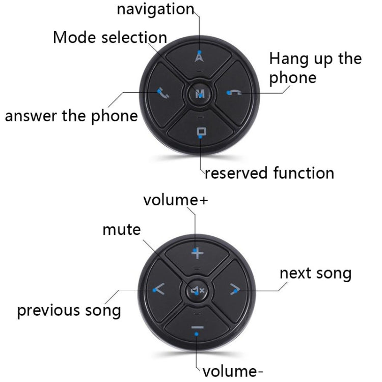 Round black steering wheel remote with navigation, phone call, and volume buttons
