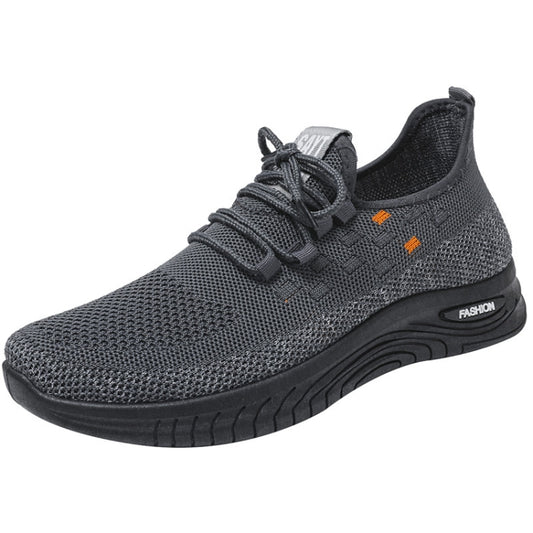 Men's lace-up knit sports shoes, dark gray with orange accents and cushioned sole