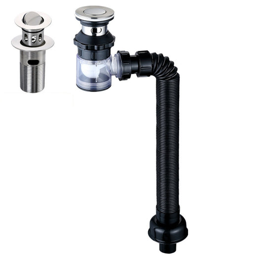 Bathroom sink drain and overflow with chrome strainer, black flexible pipe and U-bend
