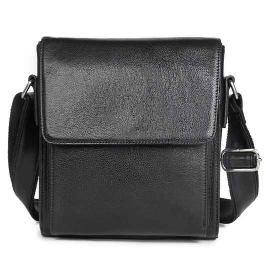 Men's black leather flap messenger shoulder bag with adjustable strap