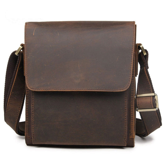 Men's brown leather flap messenger shoulder bag with adjustable strap