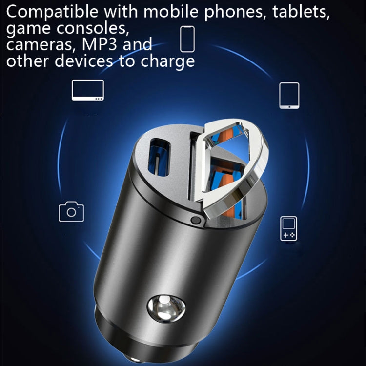 Car cigarette lighter fast charge plug with dual ports, silver top and blue power glow