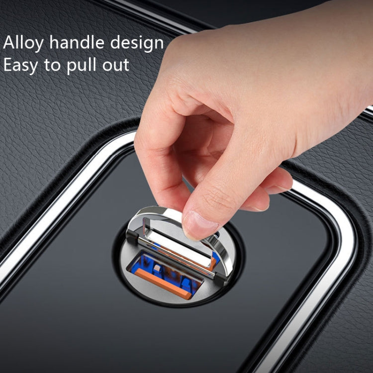 Car cigarette lighter fast charge plug being inserted into car socket, dual ports visible