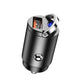 Car cigarette lighter fast charge plug with dual ports, black body and blue/orange indicator