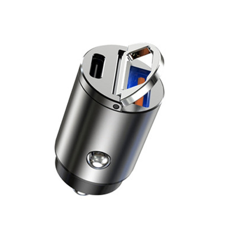 Car cigarette lighter fast charge plug with dual ports, silver top and orange-blue indicator