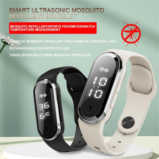 Ultrasonic mosquito repellent bracelets set with black and white silicone bands and OLED displays