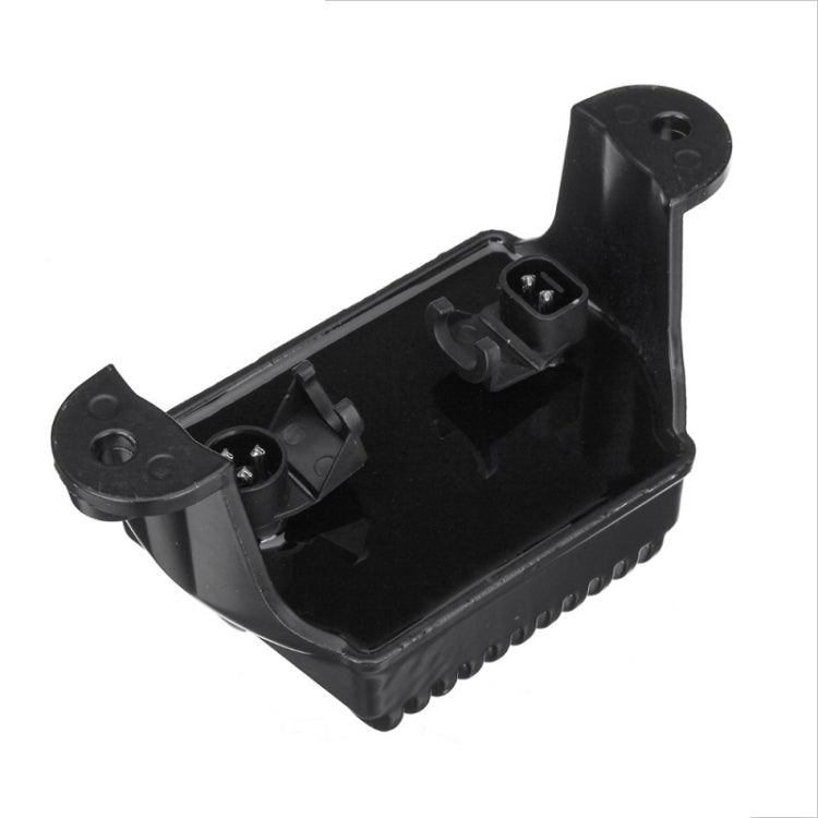 Black motorcycle rectifier/regulator housing with mounting holes and electrical connector ports