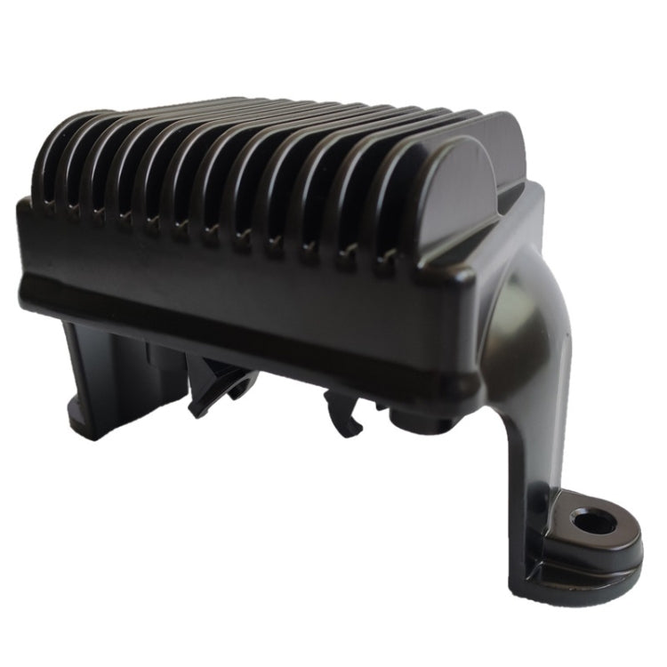 Black motorcycle rectifier with finned heat sink and side mounting bracket