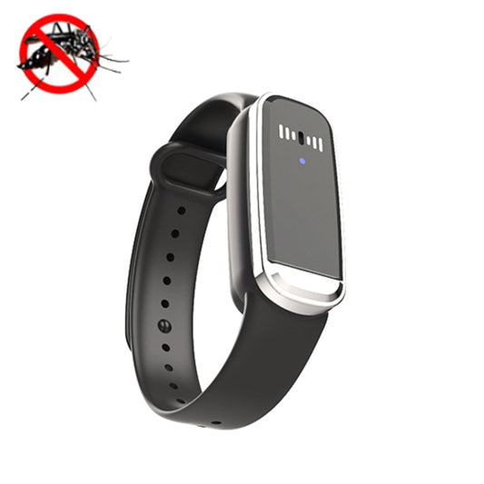 Black ultrasonic mosquito repellent bracelet with LED module and silicone strap
