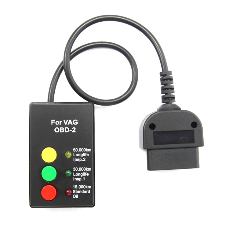 VAG OBD2 maintenance lamp reset tool with LED buttons and OBD-II cable