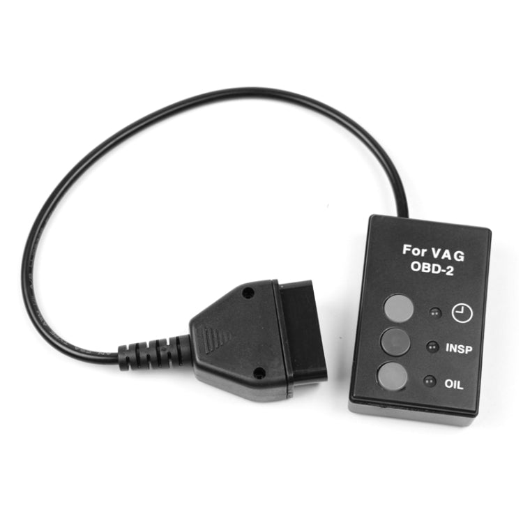 VAG OBD2 maintenance lamp reset tool with OBD-II adapter and indicator buttons