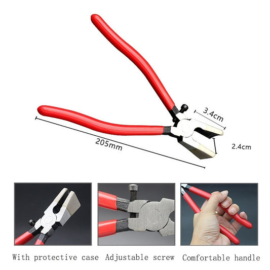 Glass tile breaker pliers with red handles and adjustable screw on metal jaws