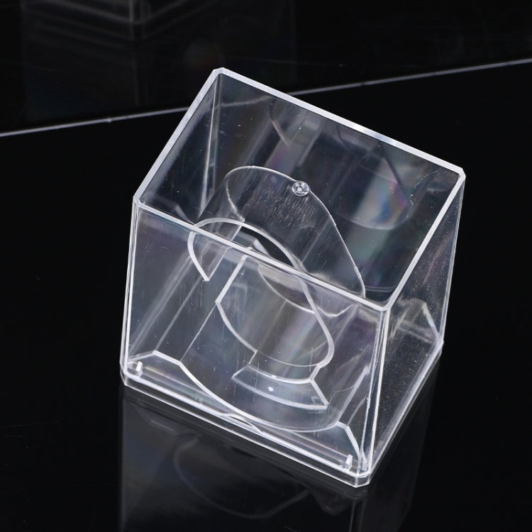 Clear rectangular watch display box with molded strap slots, open-top view.