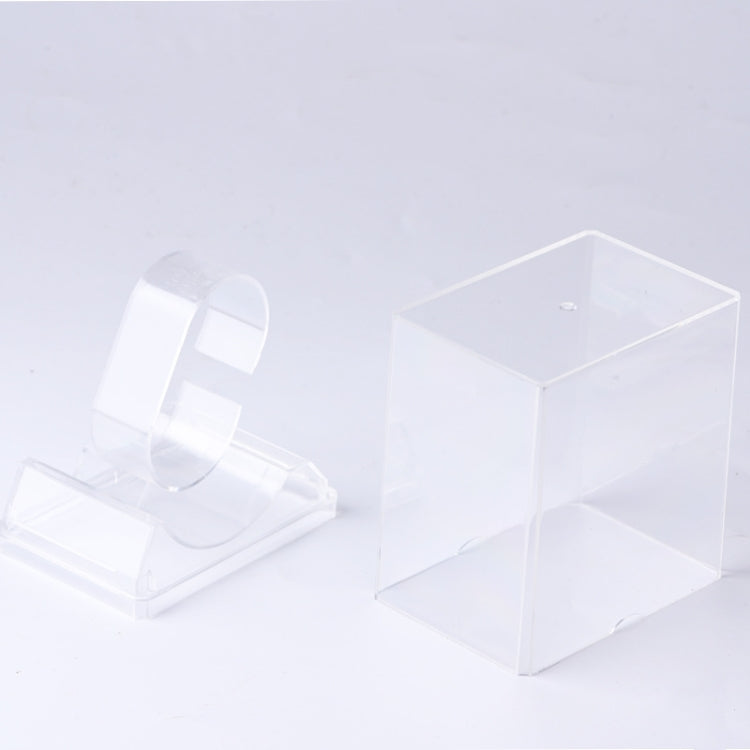 Clear watch display box set with rectangular open bases and strap slot inserts.