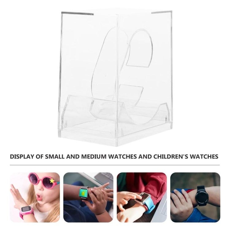 Transparent watch display box set in retail packaging with watch image graphics.