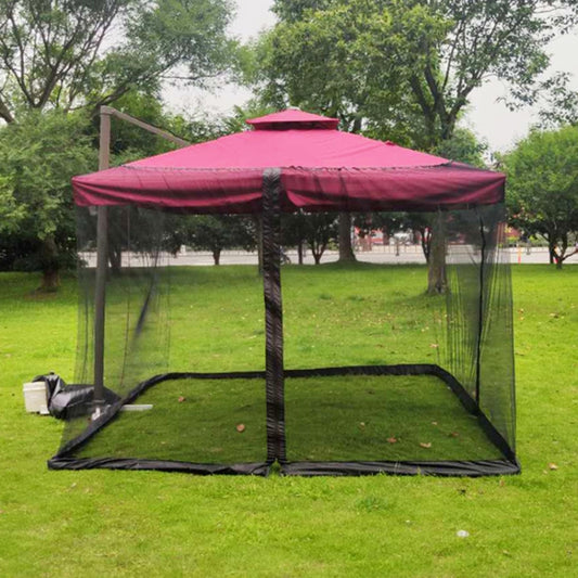 Outdoor parasol with anti-mosquito net cover, red canopy and black mesh walls