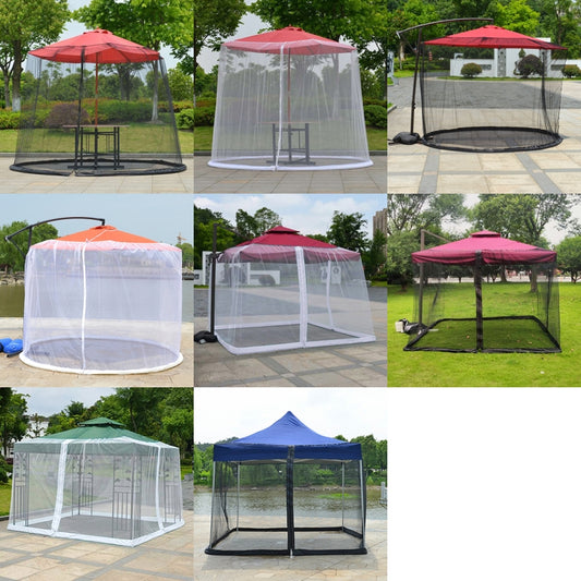 Outdoor parasol mosquito net cover with fabric canopy and mesh side curtains