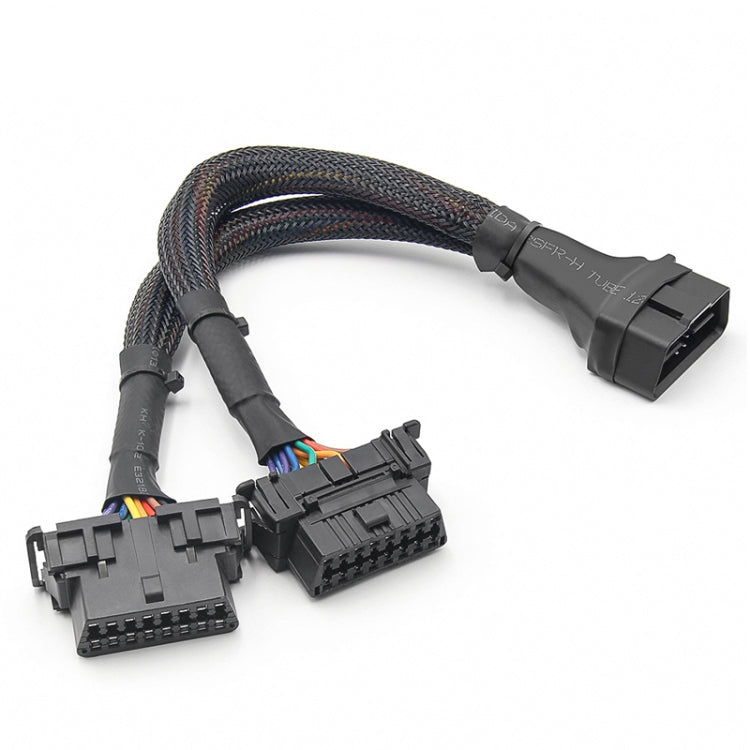 16-pin OBD2 Y-split extension cable with two connector ends and braided sleeve