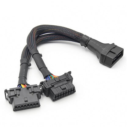 16-pin OBD2 Y-split extension cable with two connector ends and braided sleeve