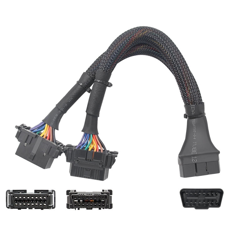 Braided 16-pin OBD2 Y-split extension cable with three connector ends