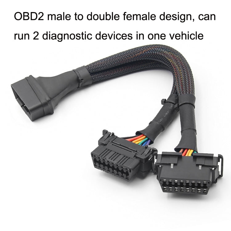 OBD2 male to double female 16-pin Y-split extension cable with braided harness