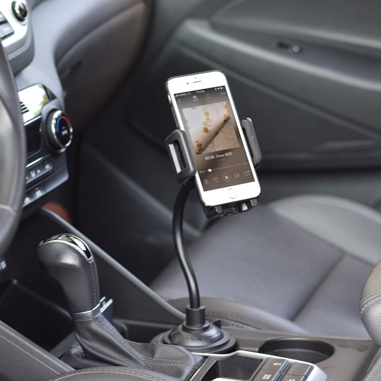 In-car universal phone holder bracket holding a smartphone, long hose with cup base