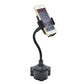 Car phone holder with long flexible hose and adjustable cradle, holding a smartphone, black.