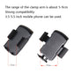 Car phone holder clamp cradle with adjustable arms, showing fit sizes, black.