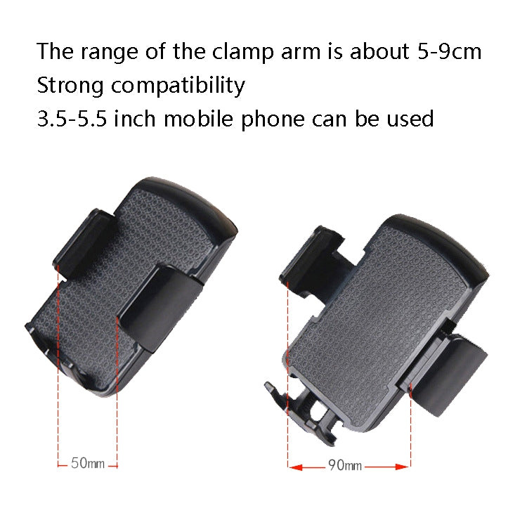 Car phone holder clamp cradle with adjustable arms, showing fit sizes, black.