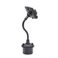 Car phone holder with vent clip mount, long flexible hose, and phone cradle, black.