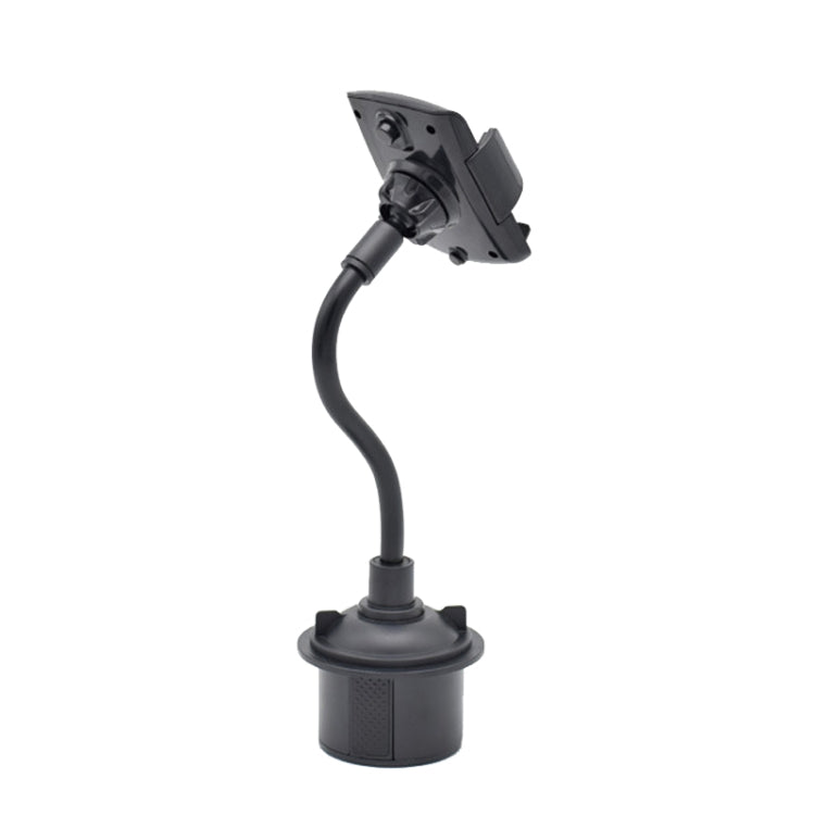 Car phone holder with vent clip mount, long flexible hose, and phone cradle, black.