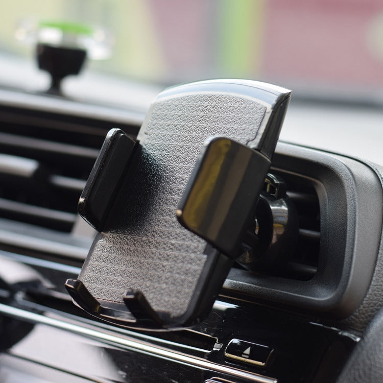 Car vent phone holder with textured cradle and vent clip, long hose, black.