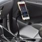 Car phone holder on console with suction base, long hose, and smartphone cradle, black.
