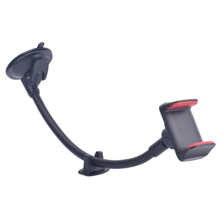 Black suction cup phone holder with flexible neck and red-accent dual clamp arms
