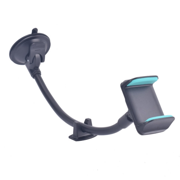 Black suction cup phone holder with flexible neck and teal-accent dual clamp arms