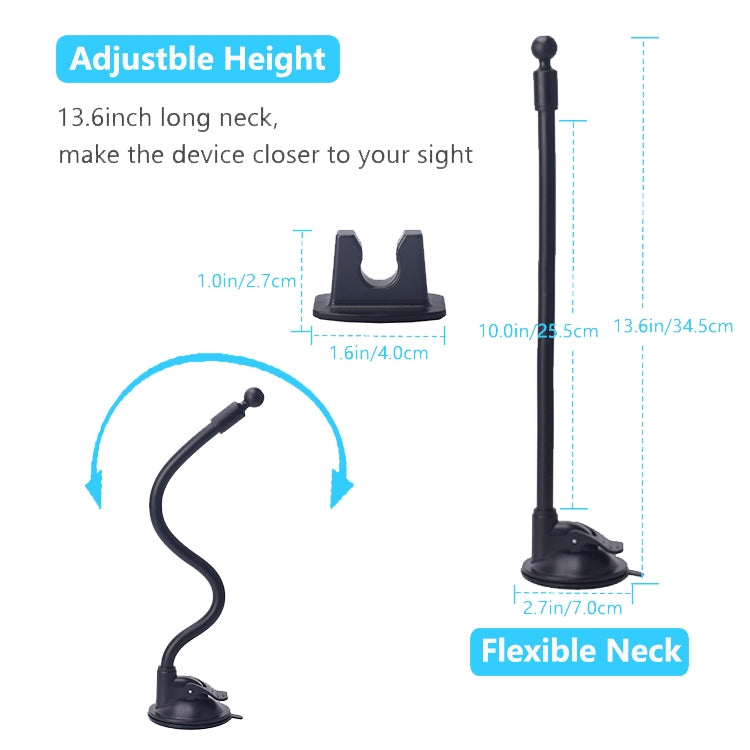 Adjustable flexible neck suction cup phone holder with base mount and dual clips