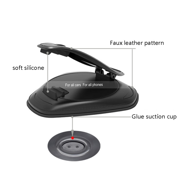 Black phone holder showing faux leather pattern pad and glue suction cup base