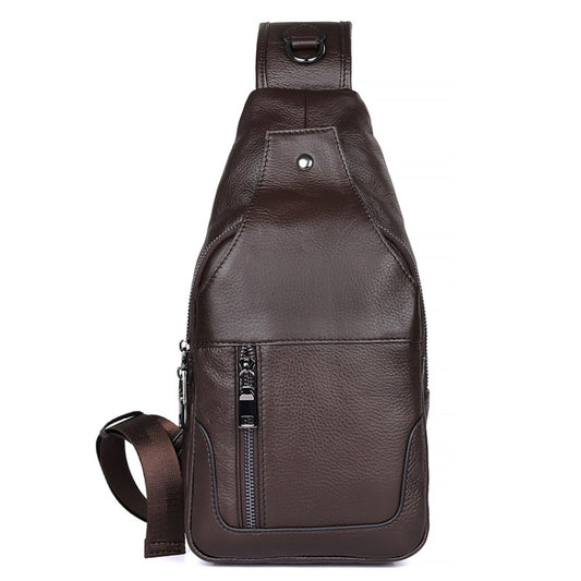 Brown leather chest sling bag with top handle and front zip pocket