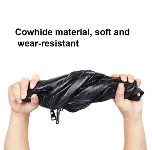 Leather sling bag pouch with open zipper and structured front panel