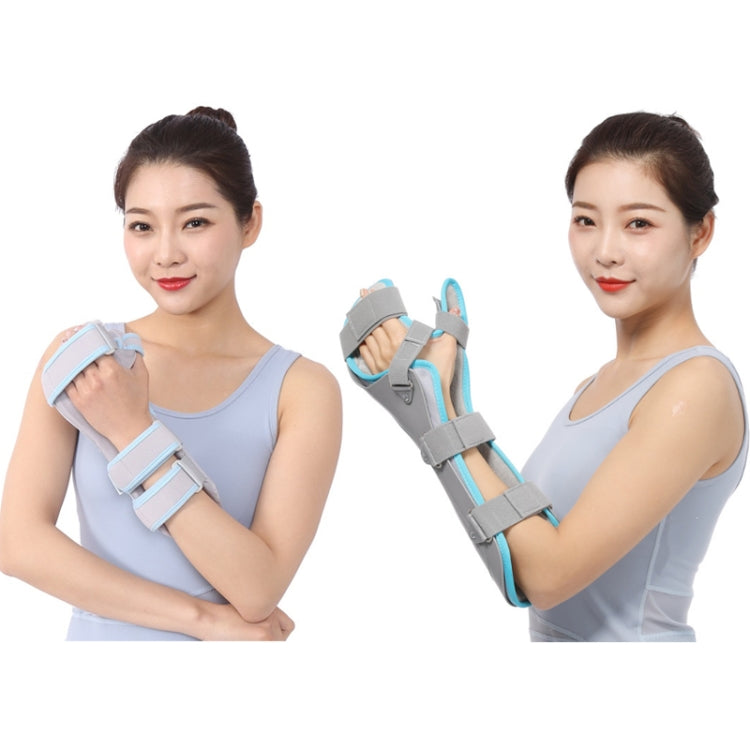 Wrist splint shown in multiple angles: light-blue padded cuffs and grey brace