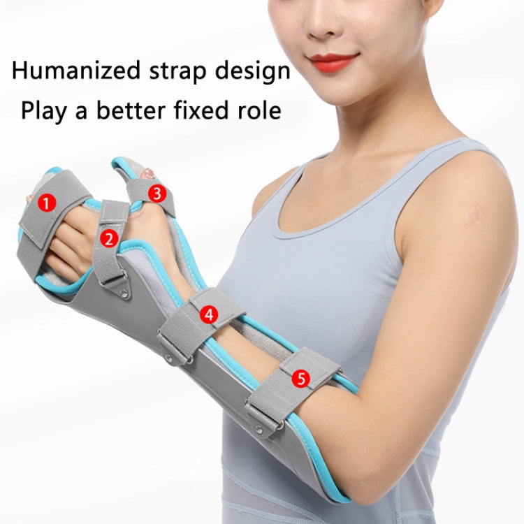 Wrist splint with grey frame and light-blue straps, detailed view of padded bands